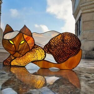 Vintage Stained Glass Cat Suncatcher-Mid Century Modern-Copper Whiskers-16''-MCM